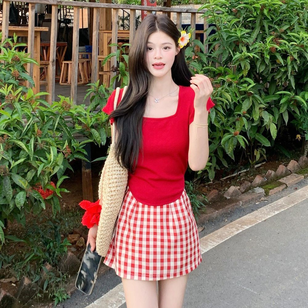 [Kue ceri]Set Rok Kotak-kotak Lengan Pendek Rajutan Leher Persegi Prancis