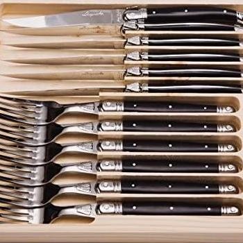 

TERLARIS - Laguiole Jean Dubost Steak Knives and Forks Set Of 12 Black