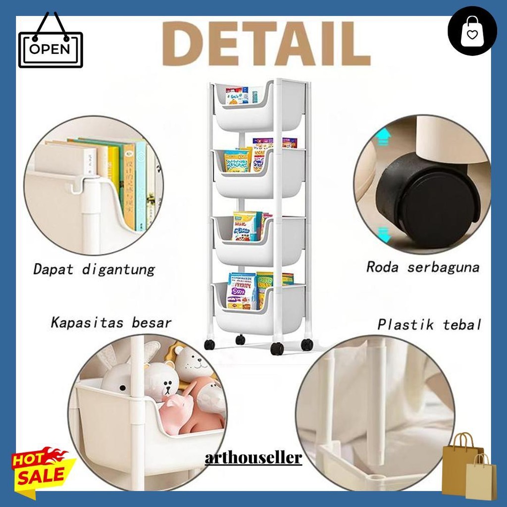 DitinggikanRak Penyimpanan Rak Buku Rak Susun Serbaguna Trolley Rak Dengan Roda Trolley Dapur Cod