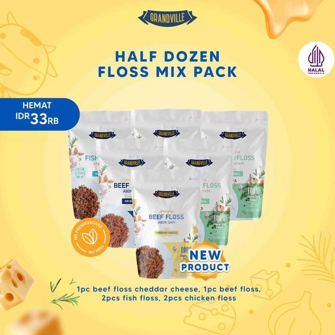 

6Pc Grandville Abon Mix Sapi CHEDDAR CHEESE [1Pc] , AYAM [2Pc], IKAN [2Pc] & SAPI [1Pc] Crunchy - Non Msg Gluten Free