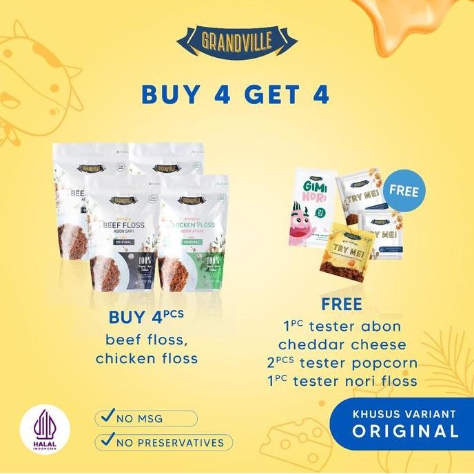 

[BUY 4 GET 4] 4Pc Grandville Abon Mix Abon Sapi [2Pc] & Ayam [2Pc] Free 4pc Tester