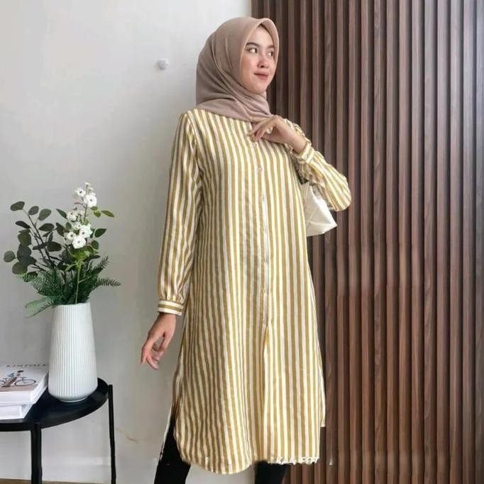 (Allthebest) Atasan Kemeja Tunik Wanita Lengan Panjang Motif Salur Garis Bahan Rayon Premium Full Ka