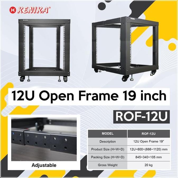 Kenika Rof-12U Open Frame 19" (H12U X W600 X D(666~1120) Mm) Adjustable Co