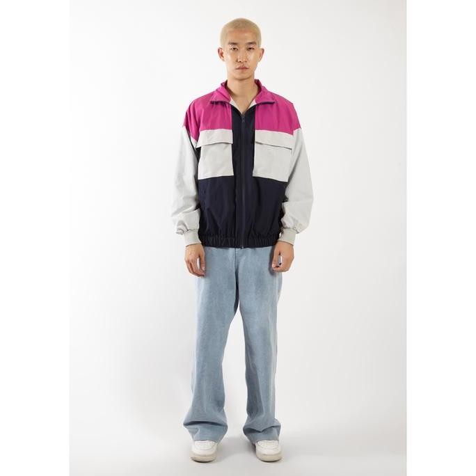 Murah Ocwa Elvis Colorblock 80S Inspired Waterproof Jacket Pink Fuchsia Grey Navy Blue Men