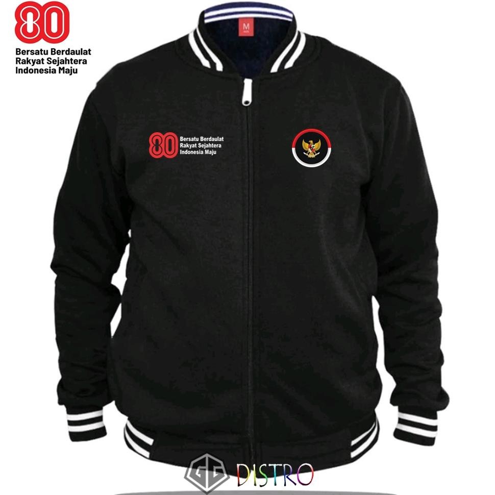 DA84 }} HUT RI yg Ke 80 Thn Unisex Jacket Baseball Garuda Bulat 80 Terbaru Jacket Resleting Varsity