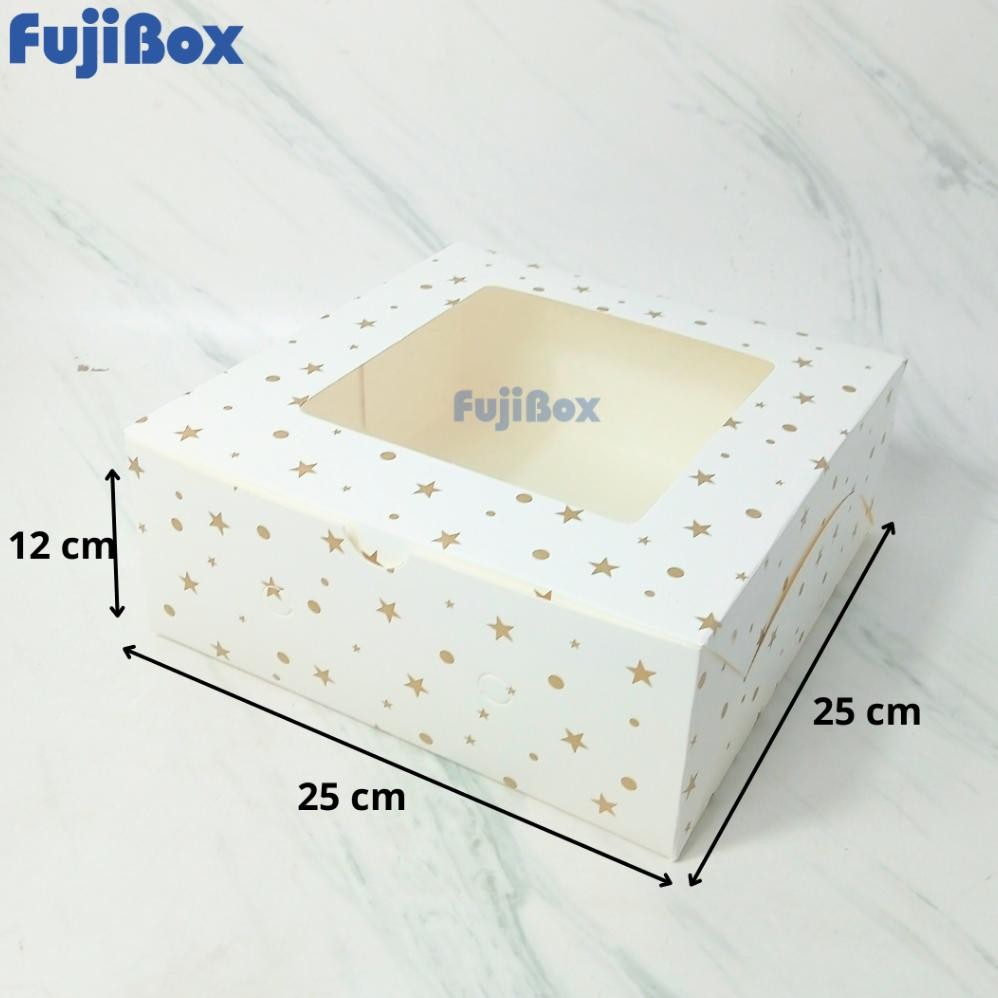 

(10 Pcs) Fuji Box Dus Kotak Kue Ivory Motif Polkadot Bintang Emas 25 cm x 25 cm x 12 cm Putih Ivory Premium Jendela aSt