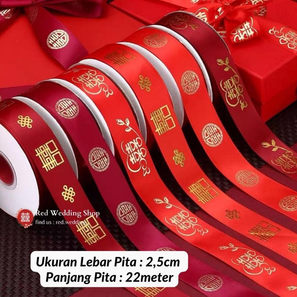 

Tali Pita LOGO Shuang Xi Emas Gold Wedding Sangjit Kado Per Roll 22meter aSt