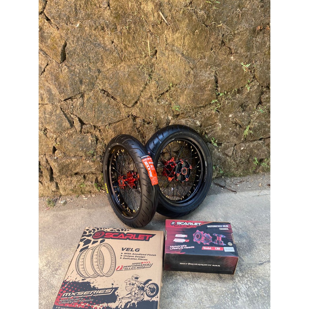 Velg Supermoto CRF 250/300 Full Scarlet Ban Maxxis Baru Ring 17 Ukur 110 dan 130