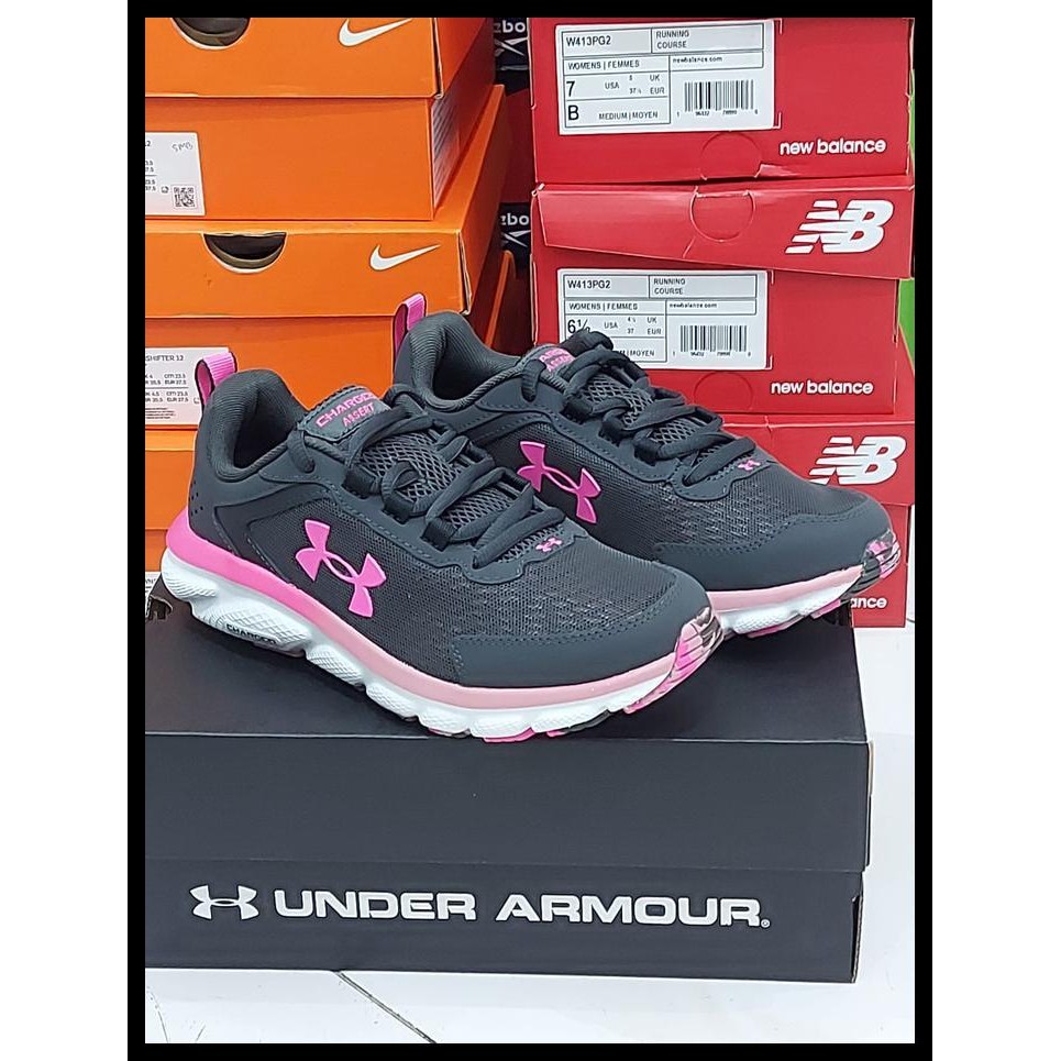 SALE TERMURAH SEPATU LARI WANITA UNDER ARMOUR CHARGED ASSERT 9 ORIGINAL - GREY+PINK