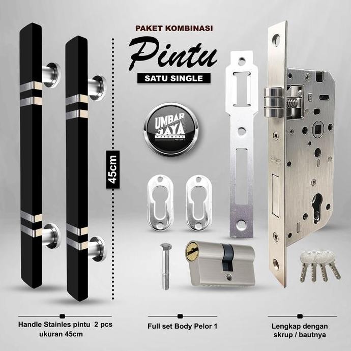 HANDLE PINTU MINIMALIS 45 CM BAHAN STAINLESS & SATU SET BODY KUNCI, GAGANG PINTU RUMAH, TARIKAN PINT