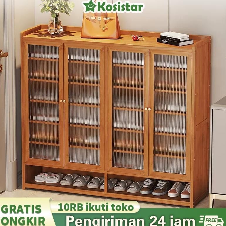 Kosistar Rak Sepatu Susun Tertutup Kayu Lemari Kaca Sepatu Tertutup Rak Sepatu Anti Debu