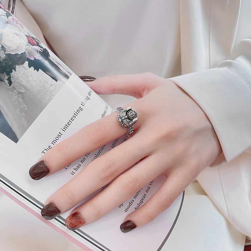 Pixiu yang Menguntungkan S925Cincin Perak Sterling Berputar Hydrangea Gaya Vintage Cina Unisex