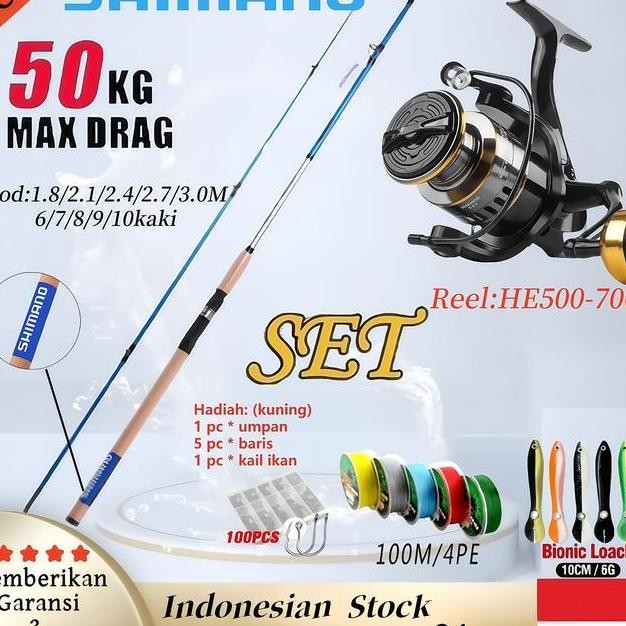 2024 New Shimano Set Reel New Joran Pancing Set Peralatan Pancing Lengkap Pancing 1.8M 2.1M Spinning