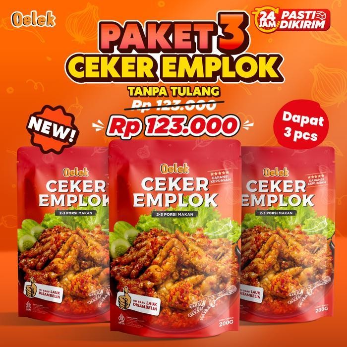 

Rps Oelek Paket Bertiga Ceker Emplok Mercon Tanpa Tulang / Ceker Mercon Pedas / Lauk Siap Saji / Makanan Instant Food / Lauk Sambal