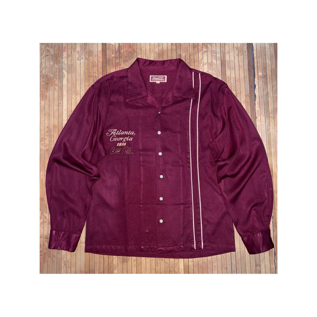 VINTAGE COCA COLA 1970s RAYON BURGUNDY OPEN COLLAR SHIRT
