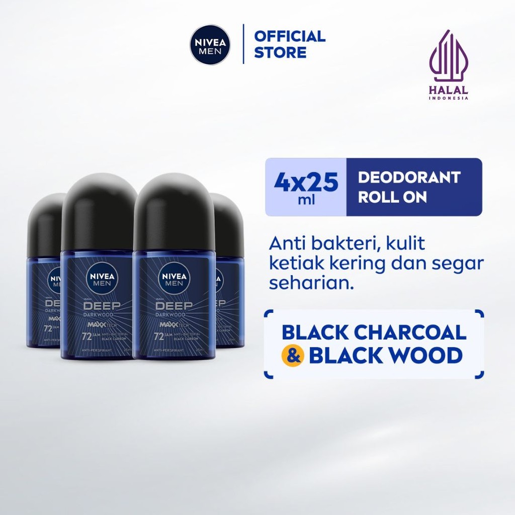 (PAKET HEMAT ISI 4) NIVEA MEN Deodorant Roll On Deep Darkwood 25ml - Deodoran pria melawan bakteri k