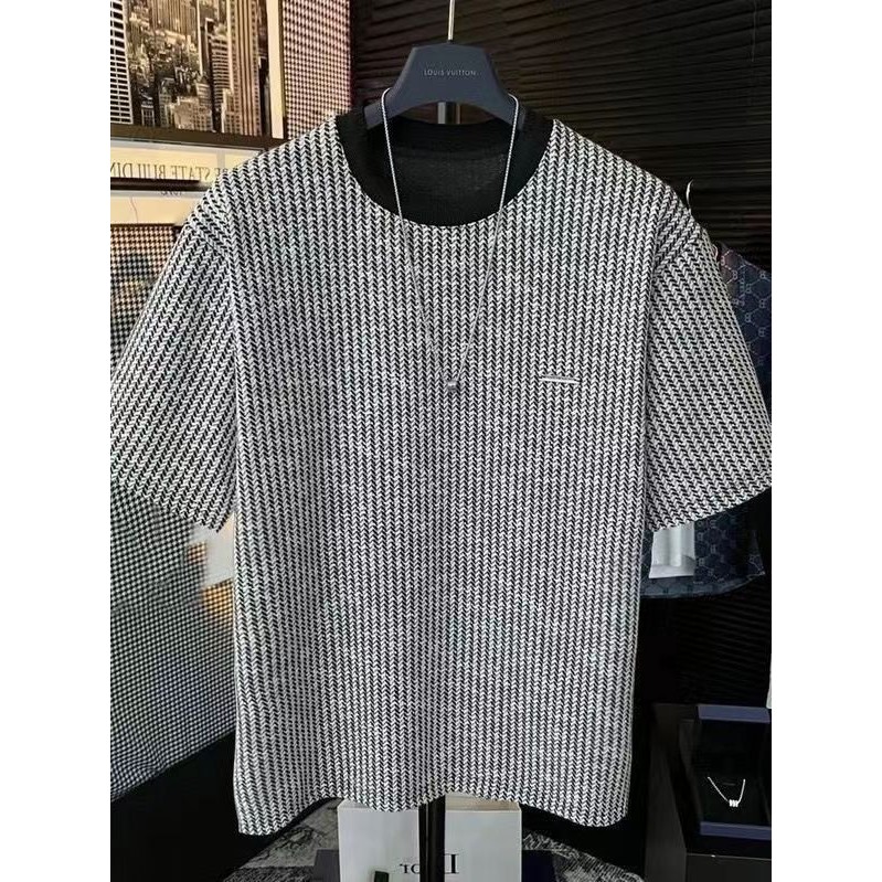 Kaos leher bulat garis hitam dan putih baru T Baju Kaos Pria