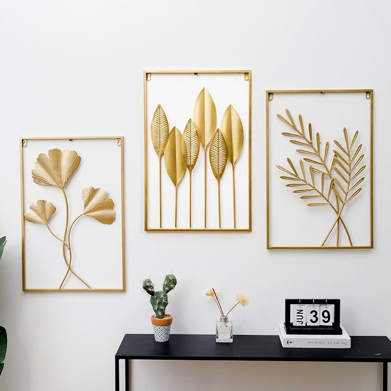 Metal Wall Decor Nordic Gold Daun Leaf Ginko Scandinavian Dinding Besi Sofa Ruang Tamu Tamu Kreatif 