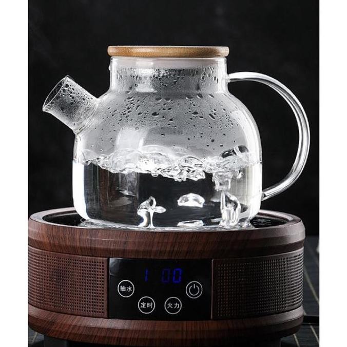 FUTON Teapot Teko Teh air panas kaca dengan tutup kayu anti panas High Borosilicate berkualitas tekk