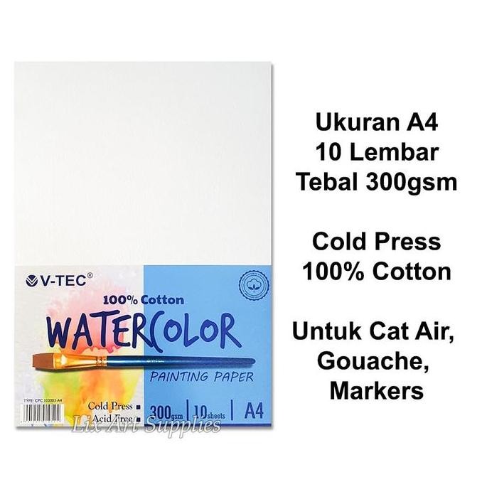 V-Tec A4 Water Colour Paper 300Gsm - 10 Sheets Cotton Cold Pressed / Kertas Cat Air A4 Watercolor