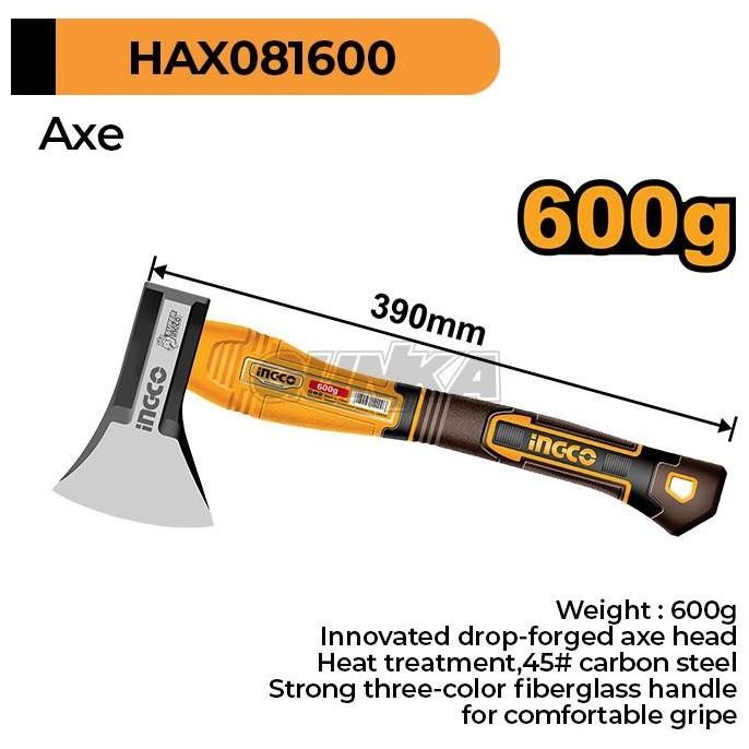Kapak Axe 600G Baja Ingco Hax081600 Kampak Kayu Cacah Tulang Potong Gagang Fiber Co