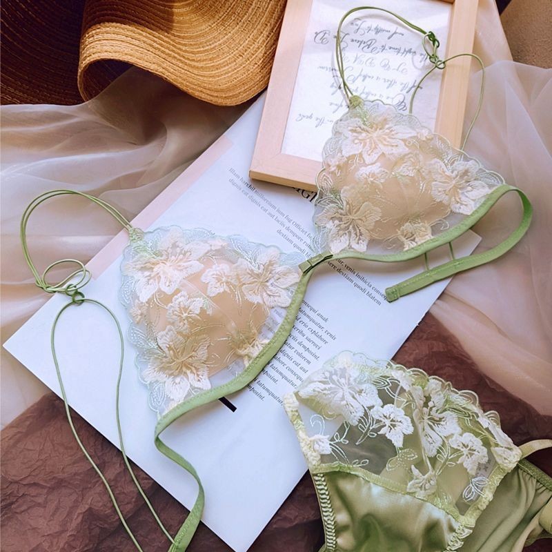 [Yunrouju]Set Bra Wanita dengan Bordir Renda Ultra Tipis, Cup Segitiga Prancis, Tali Tipis