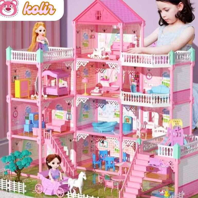 Rumah Boneka 3D Putri Vila Besar DIY Kastil Pink Rumah Bermain dengan Perosotan Halaman Kit Rumah Bo