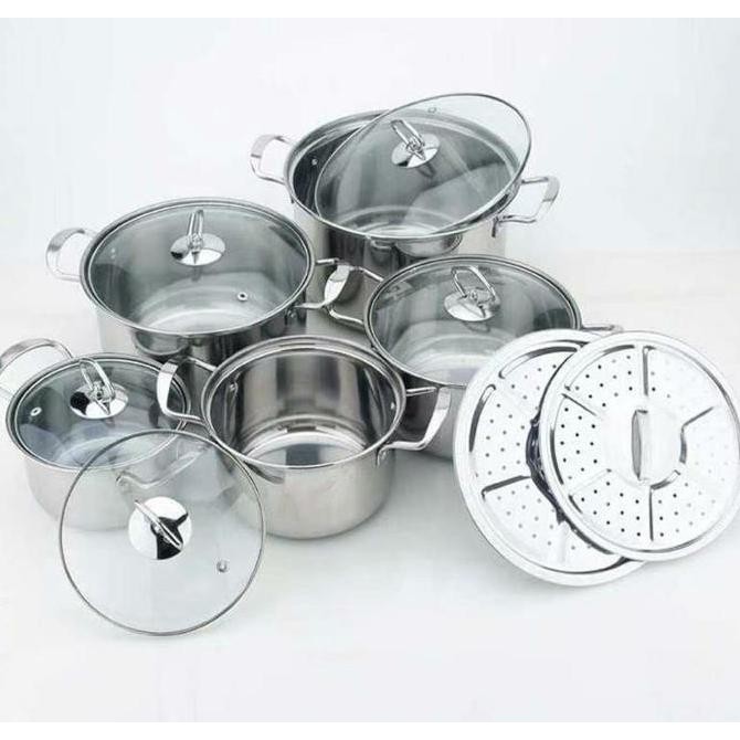 High Pot Set 5 In 1 - Panci Set Serbaguna - Panci Set Steamer Stainless Tutup Kaca