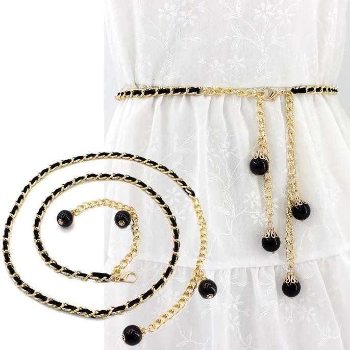 DV176 - Ikat Pinggang Belt Rantai Slim Model Mutiara Imitasi Fashion Wanita Korea LXSLIM Hitam Perem