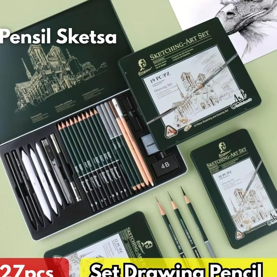 

27Pcs Giorgione Set Drawing Pencil Pensil Sketsa Sketch Tin Box Profesional Arang Penghapus Br
