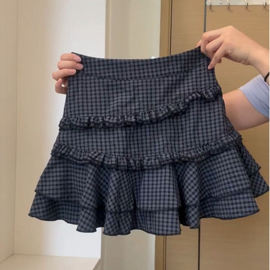 Vintage Fresh Plaid a Women's Summer Design Ruffled Patchwork Puffy Short Skirt Cake Skirt