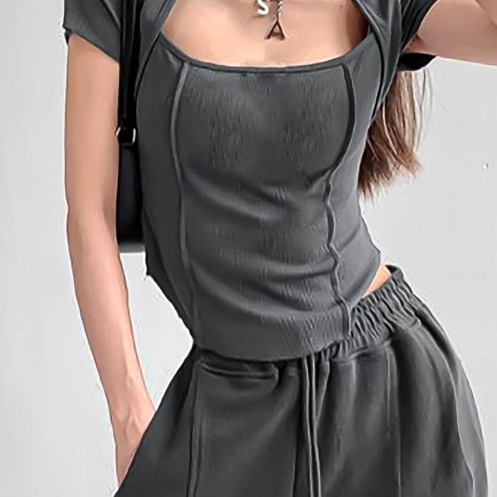 Fue-K5X20 PremiumSquare Neck Short Sleeve Crop Top T-Shirt 3500 (S/M/L/Xl) Uh-22