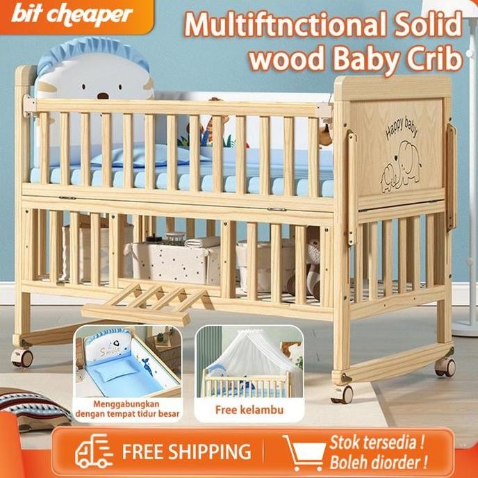 NEW - Tempat Tidur Bayi Kayu Kasur Baby Set Kelambu Bayi Box Ranjang Bayi Kayu Tempat Tidur Ayunan M