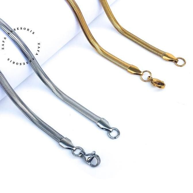 Zafa Kalung Titanium Pria Wanita Anti Karat Gepeng Lebar Silver Gold - Flat kalung titanium Elegan K
