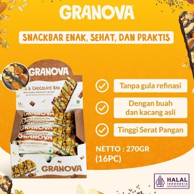 

Grosir Granova - Snackbar Nuts & Chocolate 26Gr X 16 Pcs (Rasa Coklat) - Cemilan Sehat, Gandum, Halal