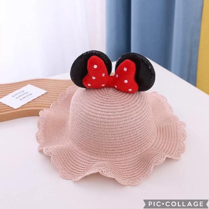 TERLARIS - Topi Pantai Jerami Model Minnie Pita Anak Perempuan Fashion Cantik, Import Korea, Usia 4-