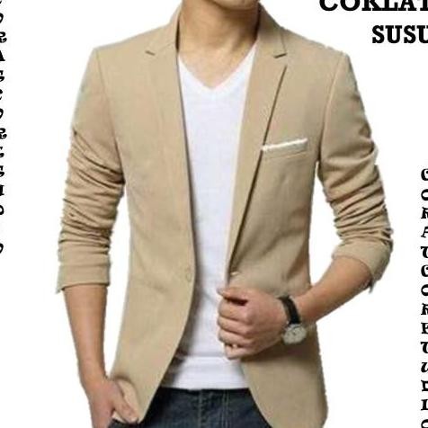 Corat Coret Jas Pria Blazer Coklat Susu Krem Lis Putih Katun Stretch