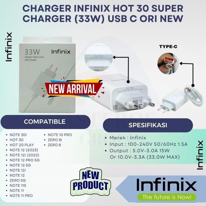 HARGA DISC - Infinix Super Charger 33W Fast Charging Original Hot 30 Note 30i USB C Ori Baru dengan 