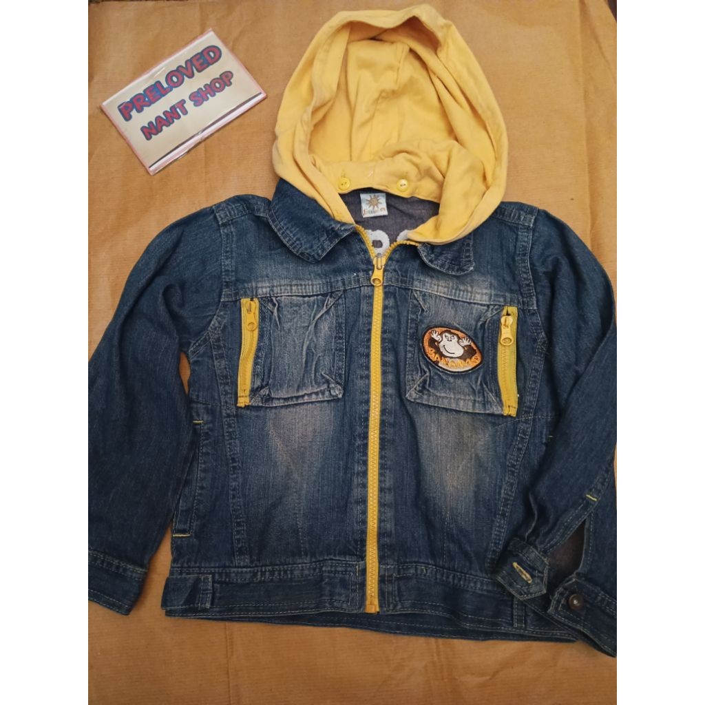 Jaket jeans anak cowok size 5Y LD 76 cm LITTLE M PRELOVED/ SECOND, Hoodie bisa dilepas, gambar dibor