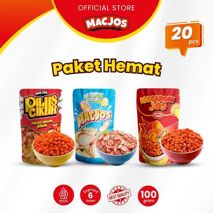 

MACARONI JOS Cemilan Paket Hemat 20pc - Makaroni Pilus Cikur Kerupuk Seblak Food - Isi 3 varian Produk