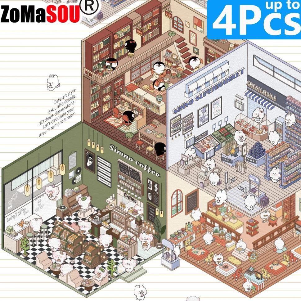 

1-4Pcs Cartoon Miniature Scene 3D Landscaping Stickers Diy Cabin Scene Stacking And Pasting Hand Account Cute Gift For Kid Child