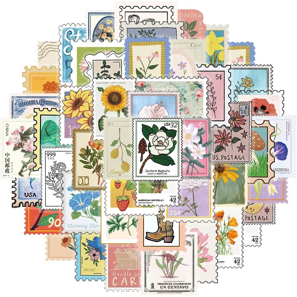 

50Pcs Creative Flower Stamps Cute Ins Wind Stickers Envelope Sealing Stickers Diy Phone Case Personalized Waterproof Stickers