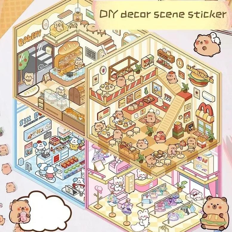 

1 Set Cute Sweet Cartoon Landscaping Stickers Capybara Rabbit Bear Scene Sticker Student Diy Decor Visual 3D Scrapbook Sticker