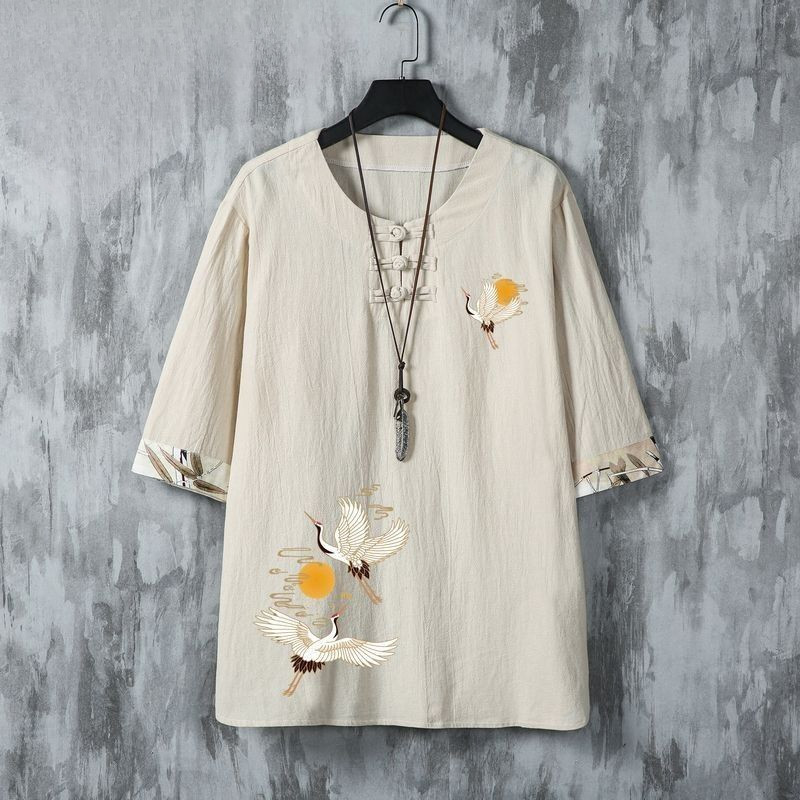 Kemeja Pria Linen Tipis Longgar Cetak Burung Angsa