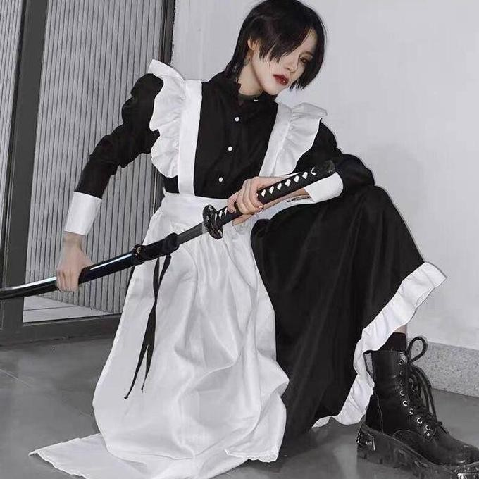 WetrosePria Wanita Memakai Cosplay Lucu Jepang Lolita Anime Pembantu Loli Hitam Panjang Gaun Kostum 