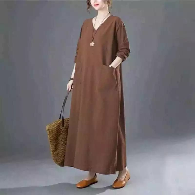 Midi Dress Wanita Korean Style Crinkle Airflow Premium Saku Rok Lebar