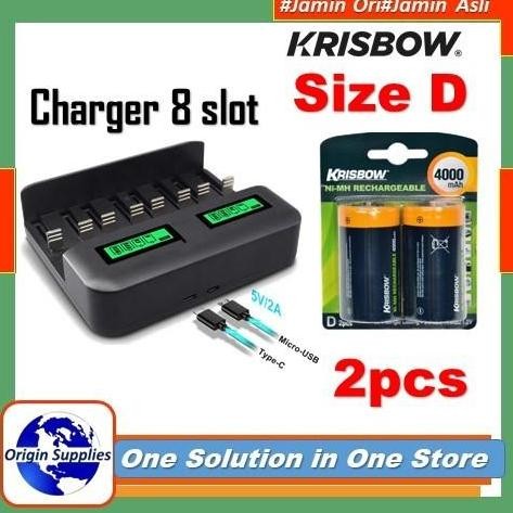 KRISBOW SET BATERAI RECHARGEABLE SIZE D 4000 MAH+CHARGER BATERAI DUAL LCD INDIKATOR TYPE D ORIGINAL 