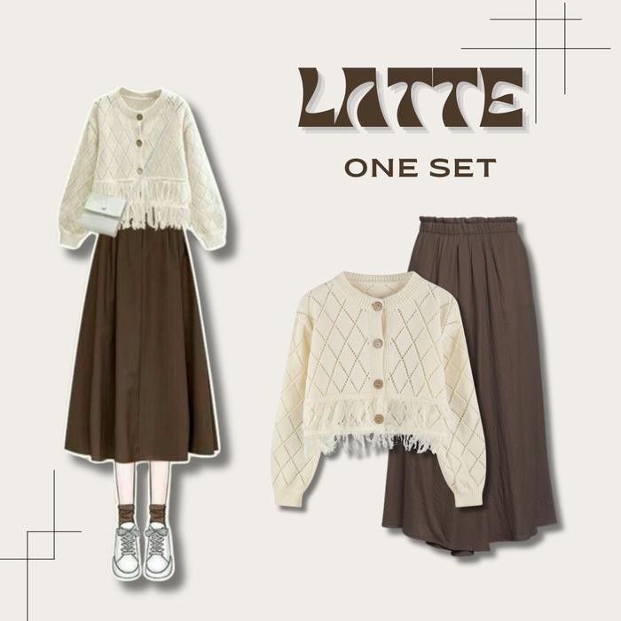 RS - Latte Set One Set Vintage Cantik (Kombinasi Cardigan Crop dan Rok Mayung Lembut)