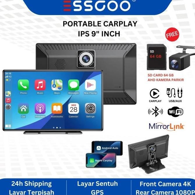 ready  ESSGOO Portable Carplay Head Unit Android 9 inch Layar Sentuh Radio Mobil Pemutar Wireless Ca