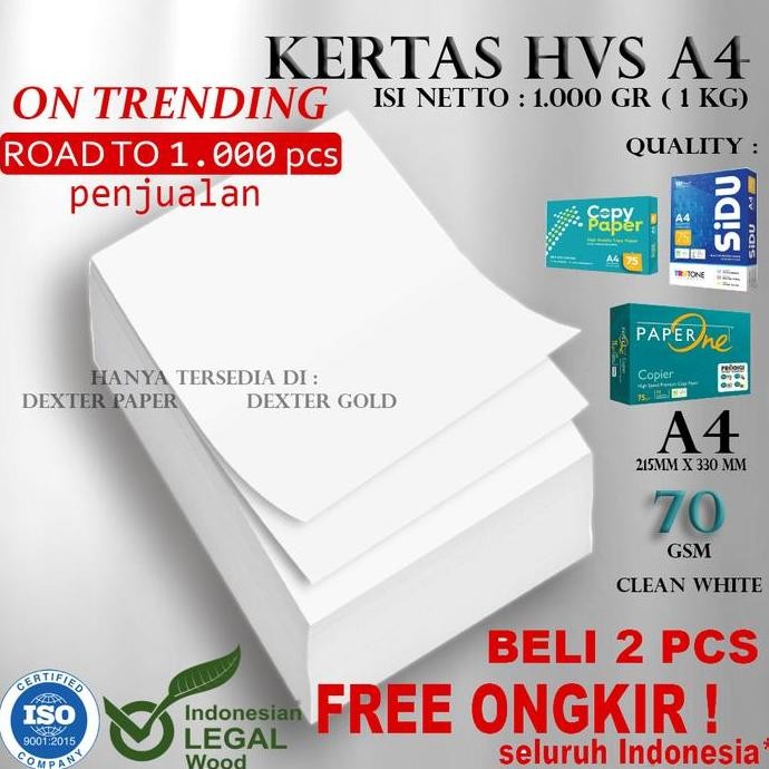 

KERTAS HVS A4 70GR / KERTAS A4 PER 1 KG (1000 GRAM)